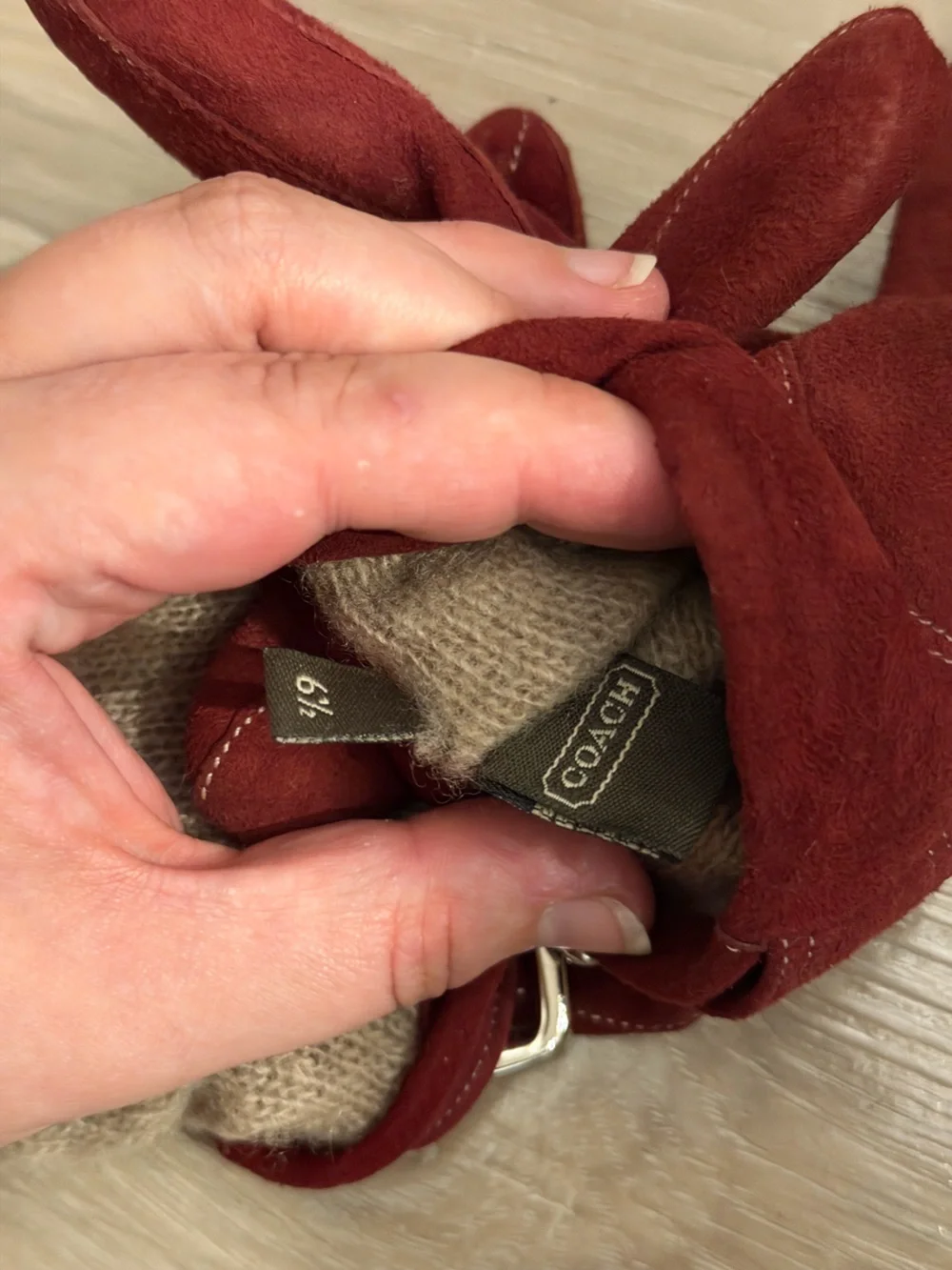Vintage Coach Red Suede and Cashmere Gloves with Silver Buckle
